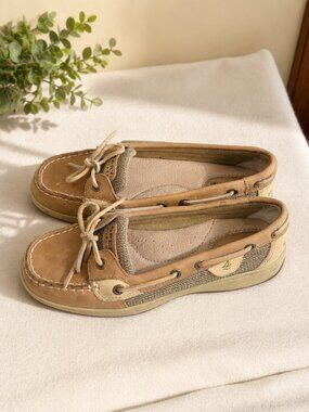 Sperry Top-Sider Boat Shoes Tan Beige Mesh Leather Slip On Loafers Women’s 6.5w